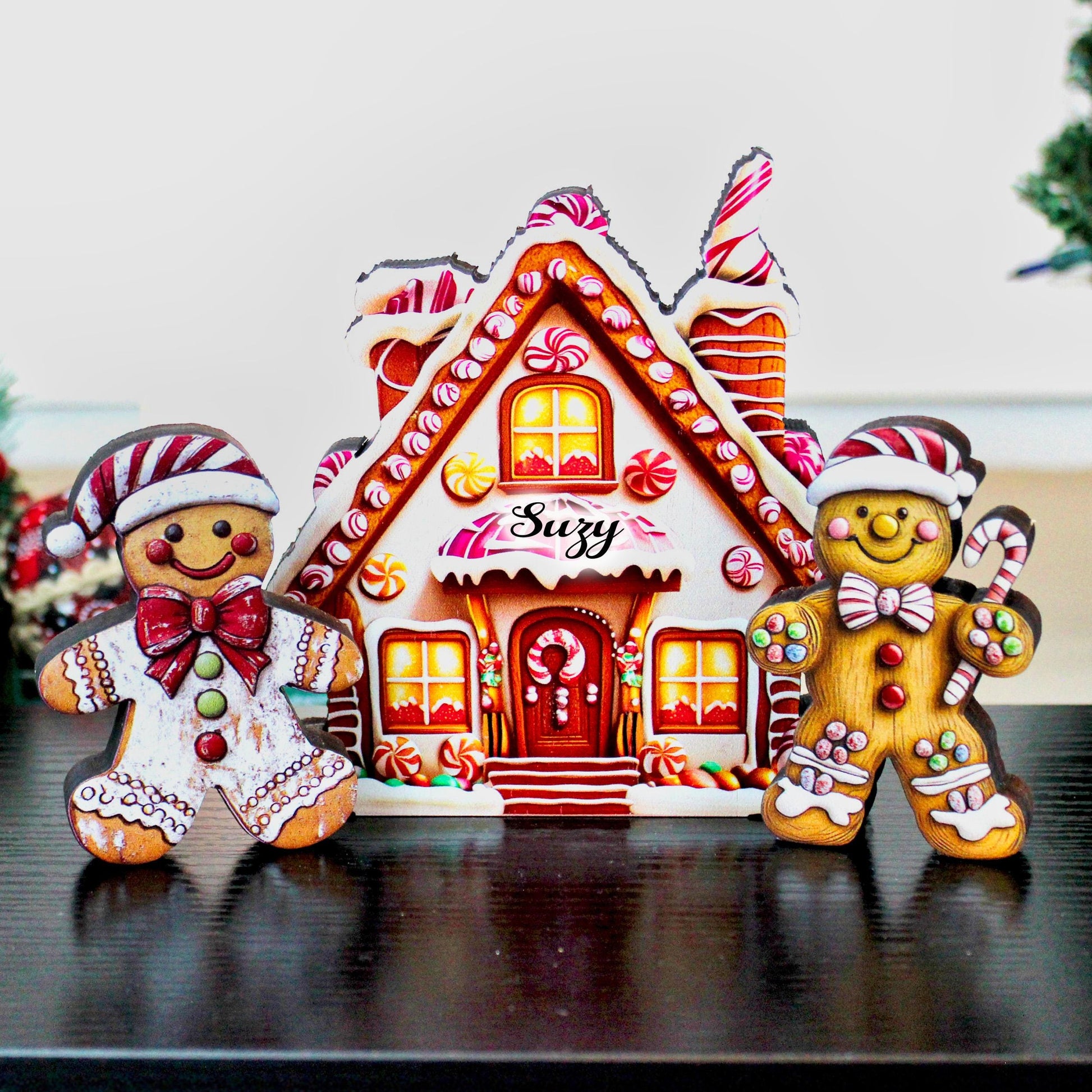 Personalized Purple Gingerbread House Shelf Sitters, Christmas Tiered Tray Decor