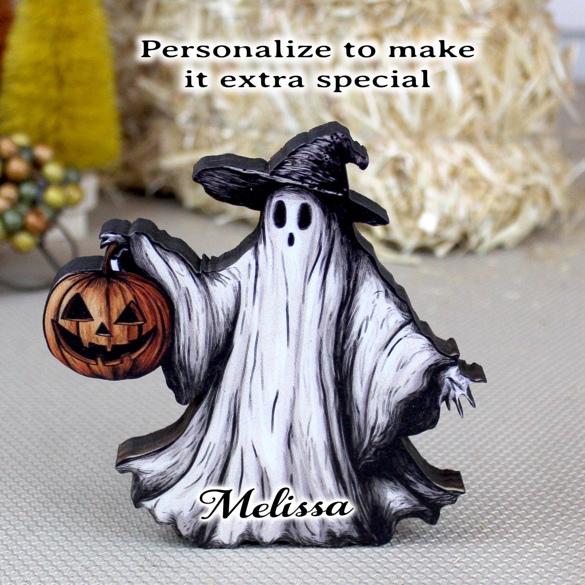 Personalized Halloween Ghost Shelf Sitter – Rustic Witch Decor