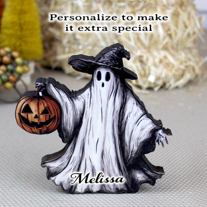 Personalized Halloween Ghost Shelf Sitter – Rustic Witch Decor