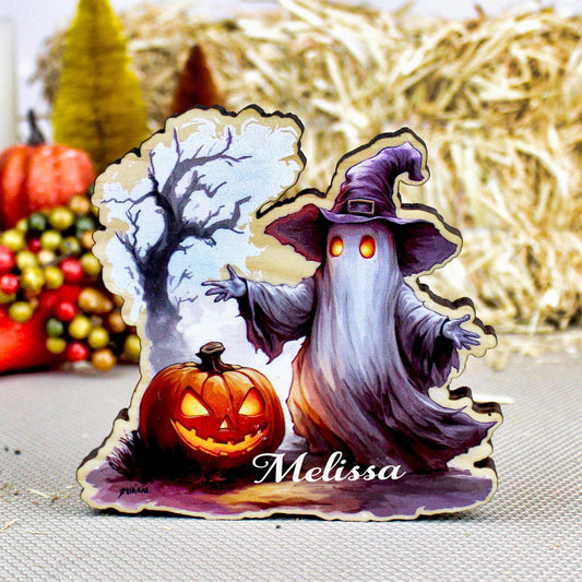 Custom Halloween Ghost Shelf Sitter, Spooky Tree & Pumpkin, A Keepsake Filled With Wonder, Decor for Tiered Trays. Mantels and Shelves