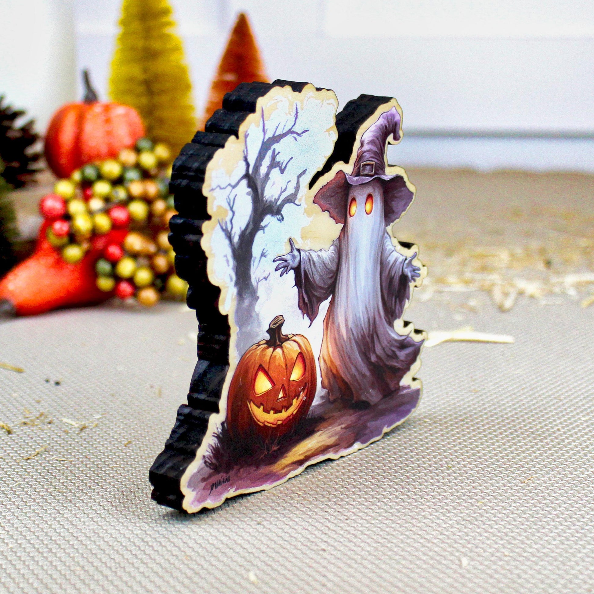 Custom Halloween Ghost Shelf Sitter, Spooky Tree & Pumpkin, A Keepsake Filled With Wonder, Decor for Tiered Trays. Mantels and Shelves