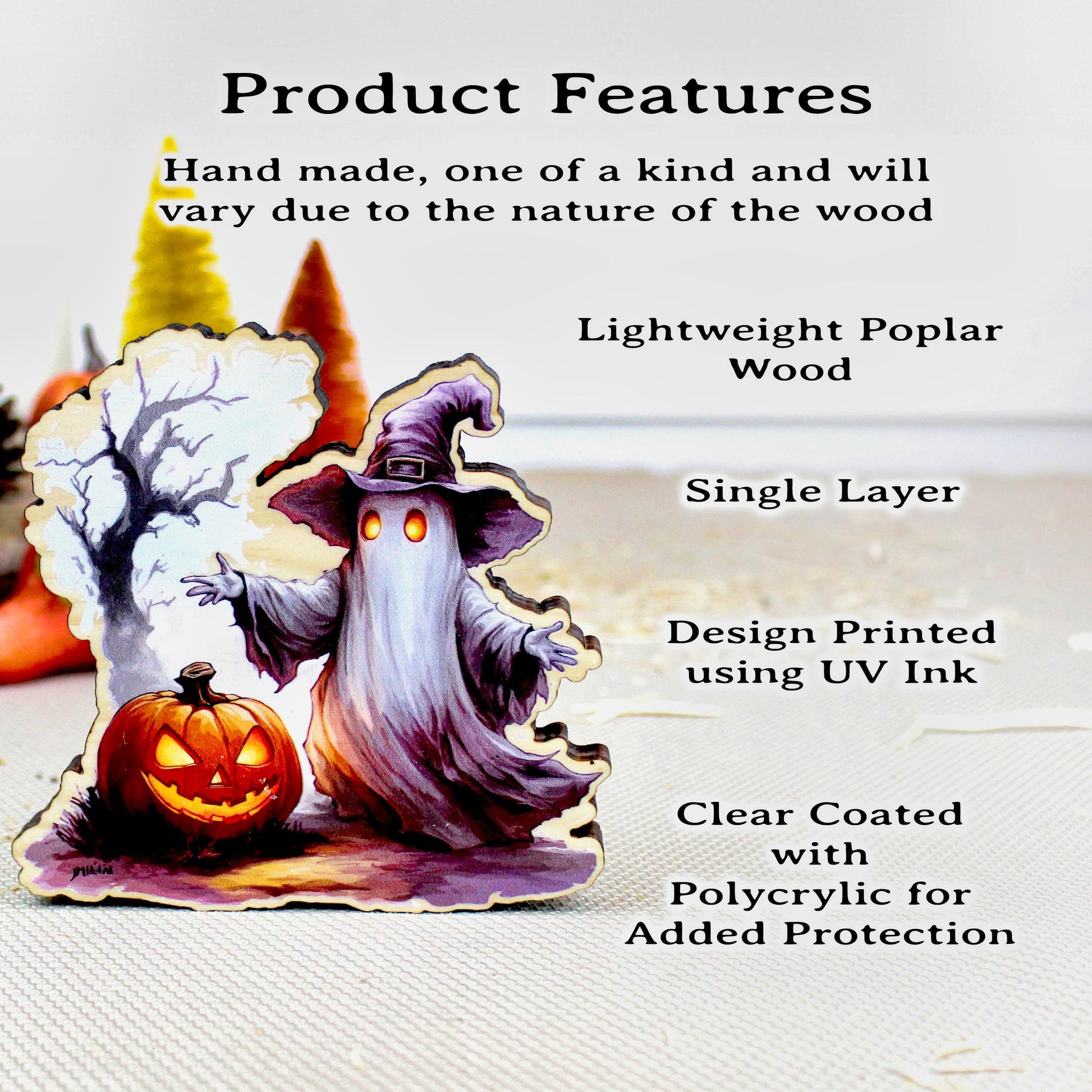 Halloween Shelf Sitters, Witch & Ghost Trio with Pumpkins – Personalized Wooden Halloween Decor, Bring The Magic of Halloween Into Your Home