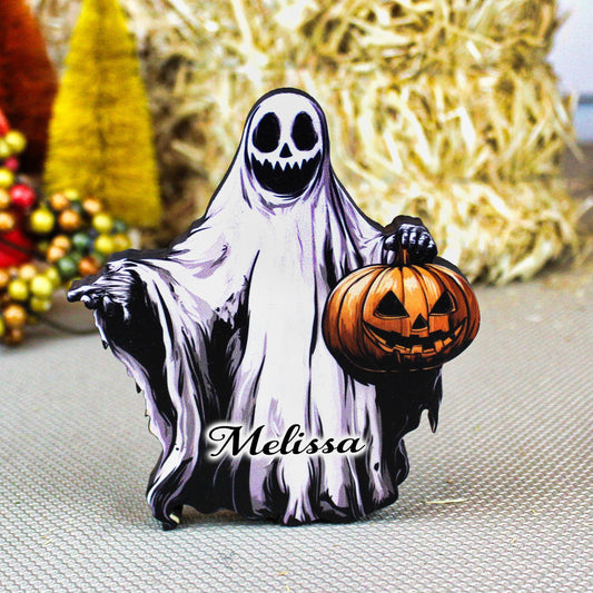 Personalized Ghost Shelf Sitter – Halloween Pumpkin Spirit with Name – Spooky Cute Custom Fall Decor, Memories of Pillowcases Full of Candy