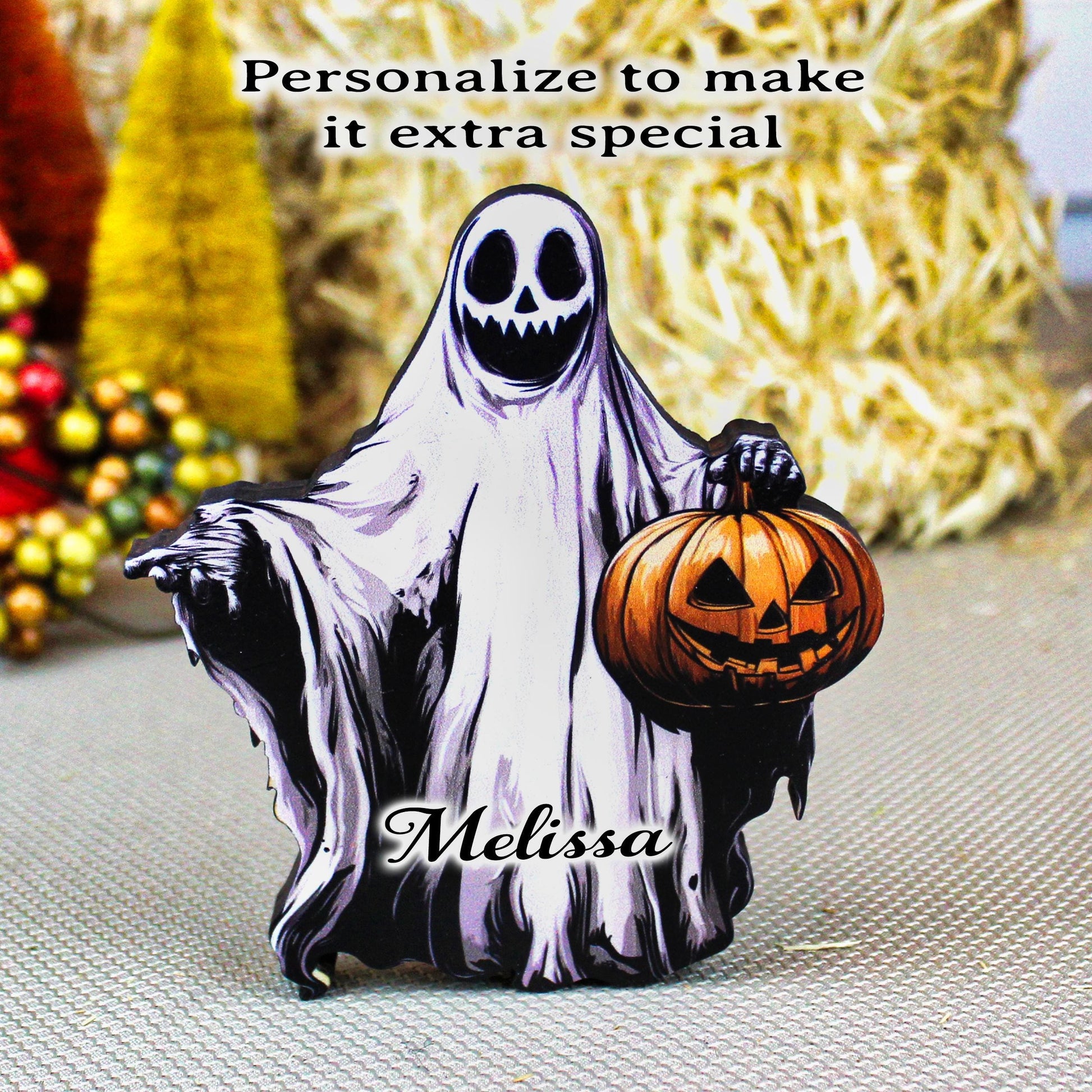 Personalized Ghost Shelf Sitter – Halloween Pumpkin Spirit with Name – Spooky Cute Custom Fall Decor, Memories of Pillowcases Full of Candy