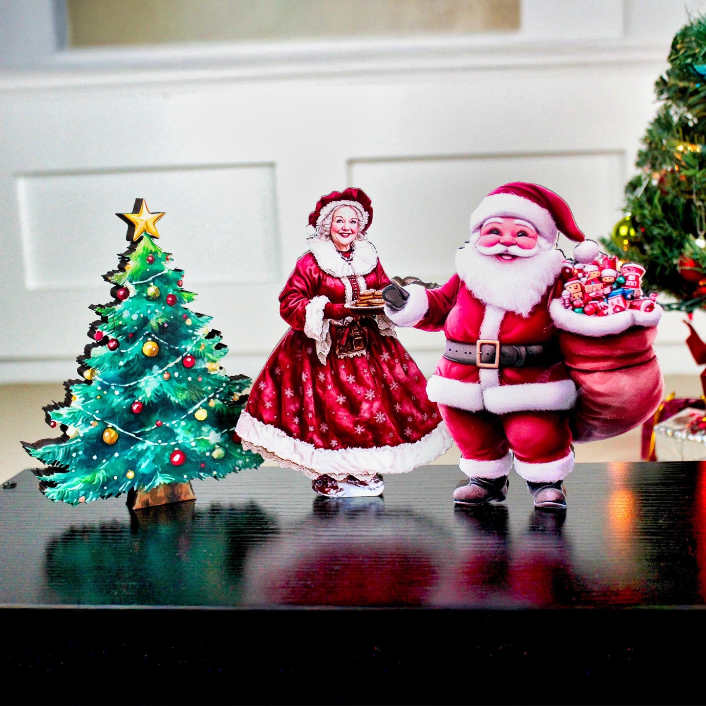 Santa & Mrs. Claus Shelf Sitter Set – 3-Piece Christmas Decor with Poplar Wood Tree, UV Printed Farmhouse Holiday Mantel or Tabletop Display