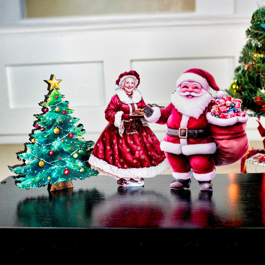 Santa & Mrs. Claus Shelf Sitter Set – 3-Piece Christmas Decor with Poplar Wood Tree, UV Printed Farmhouse Holiday Mantel or Tabletop Display