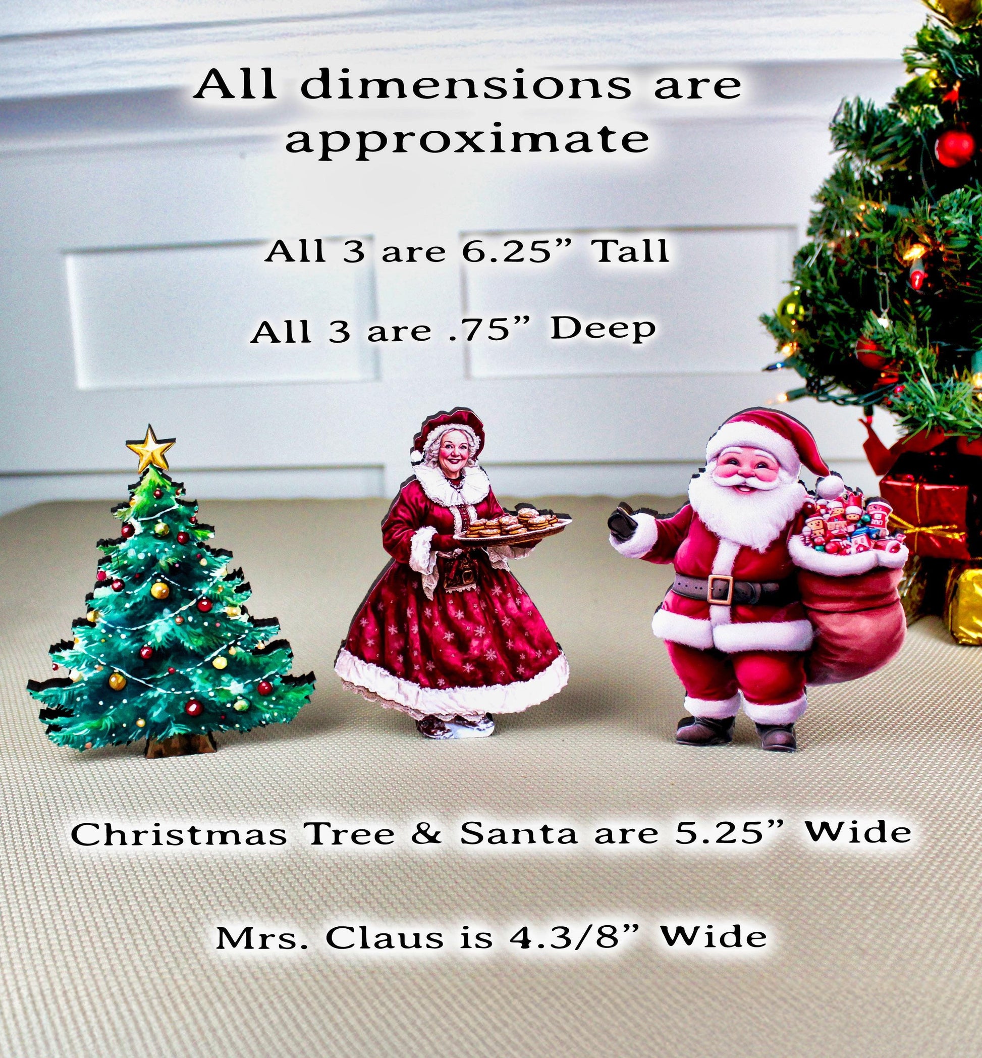 Santa & Mrs. Claus Shelf Sitter Set – 3-Piece Christmas Decor with Poplar Wood Tree, UV Printed Farmhouse Holiday Mantel or Tabletop Display