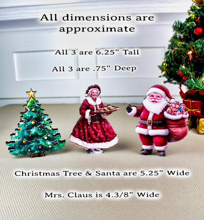 Santa & Mrs. Claus Shelf Sitter Set – 3-Piece Christmas Decor with Poplar Wood Tree, UV Printed Farmhouse Holiday Mantel or Tabletop Display