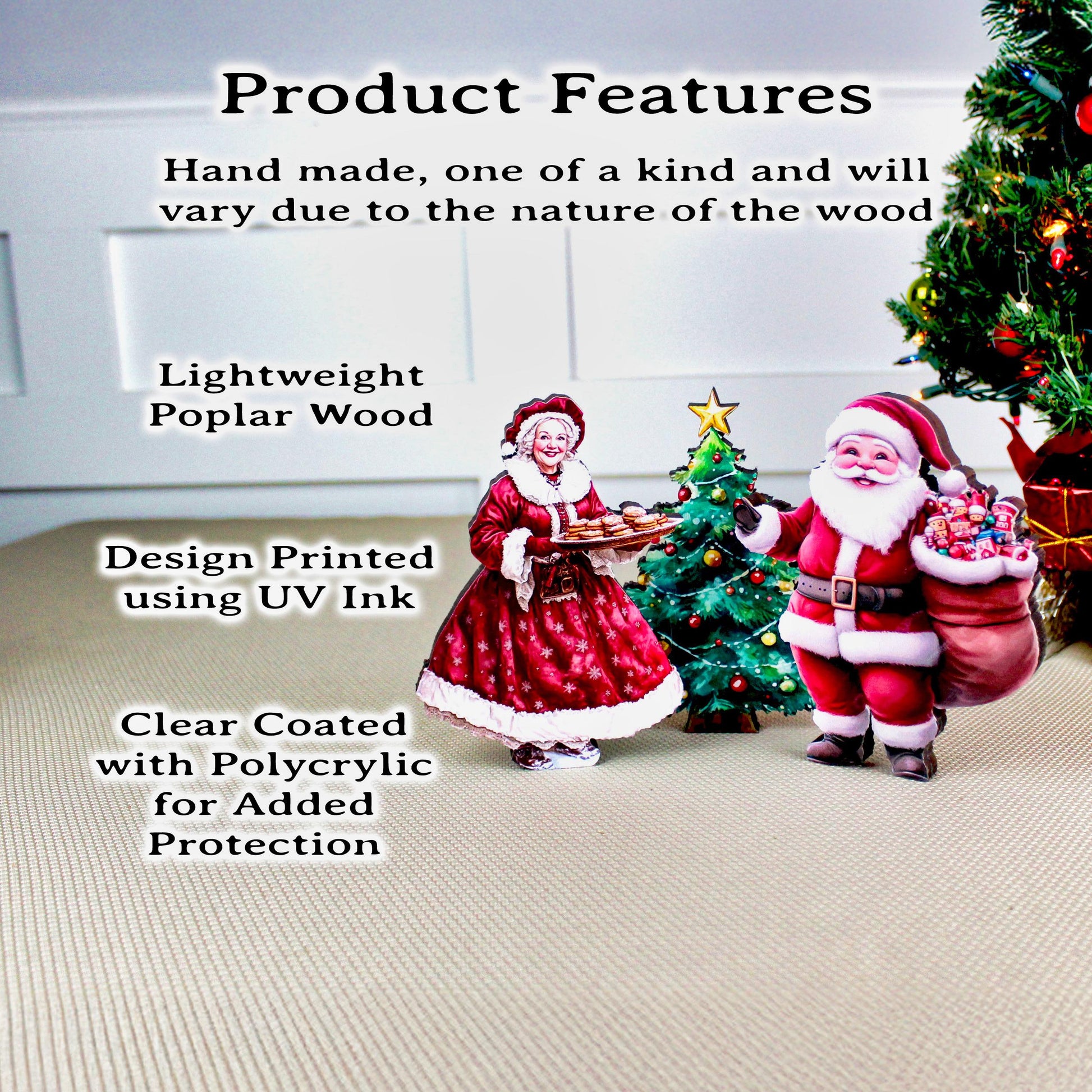 Santa & Mrs. Claus Shelf Sitter Set – 3-Piece Christmas Decor with Poplar Wood Tree, UV Printed Farmhouse Holiday Mantel or Tabletop Display