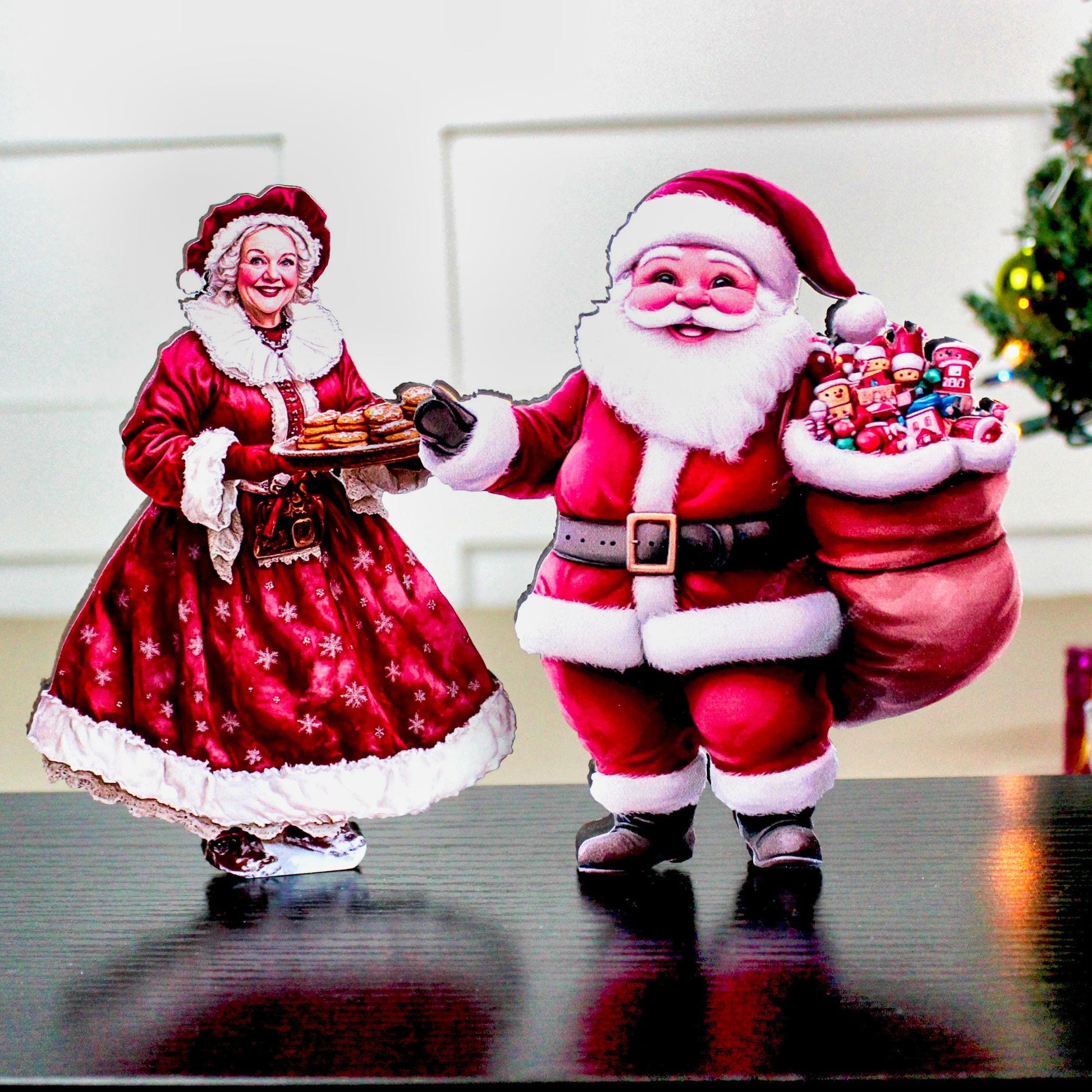 Santa & Mrs. Claus Shelf Sitter Set – 3-Piece Christmas Decor with Poplar Wood Tree, UV Printed Farmhouse Holiday Mantel or Tabletop Display