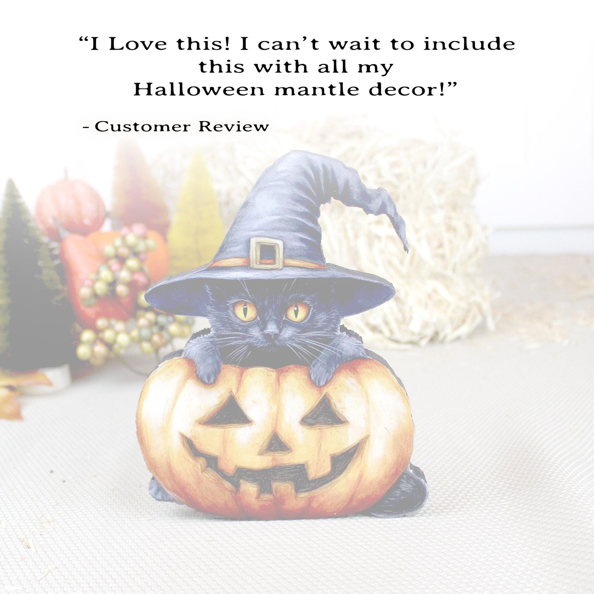 Personalized Halloween Black Cat with Pumpkin Shelf Sitter, Custom Name, Cute-Whimsical Décor Accent for Tiered Trays, Mantels & Shelves