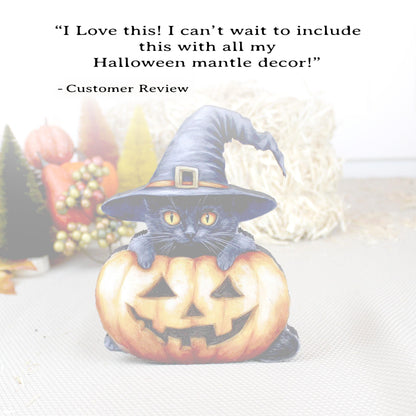 Personalized Halloween Black Cat with Pumpkin Shelf Sitter, Custom Name, Cute-Whimsical Décor Accent for Tiered Trays, Mantels & Shelves