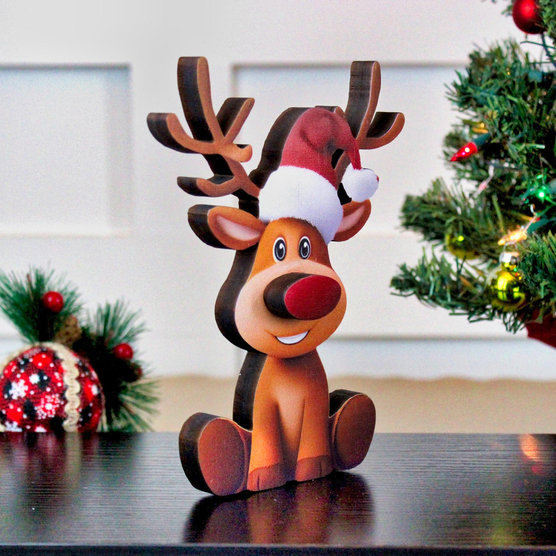 Rustic Christmas Shelf Sitter, Layered Pine & Poplar Wood Christmas Decor with Red Nose Magic, Farmhouse Holiday Mantel or Tabletop Decor