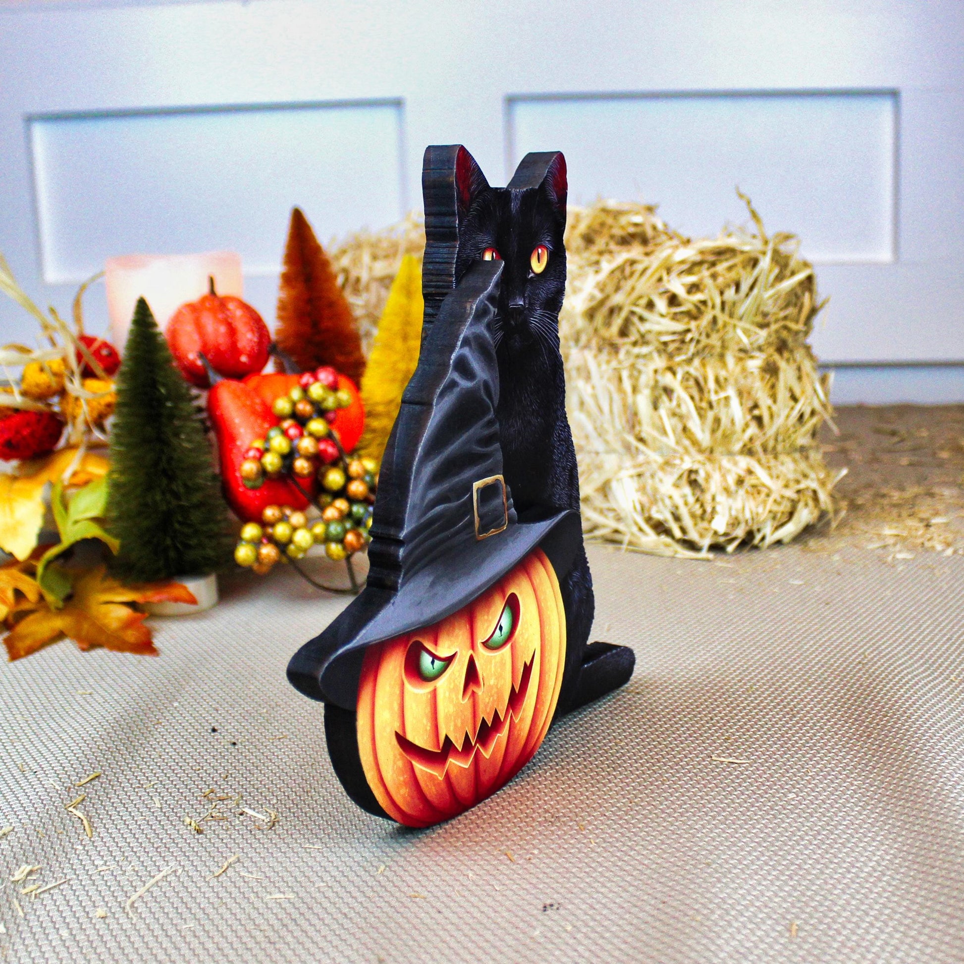 Personalized Halloween Pumpkin Shelf Sitter, Cat and Witch Hat Decor