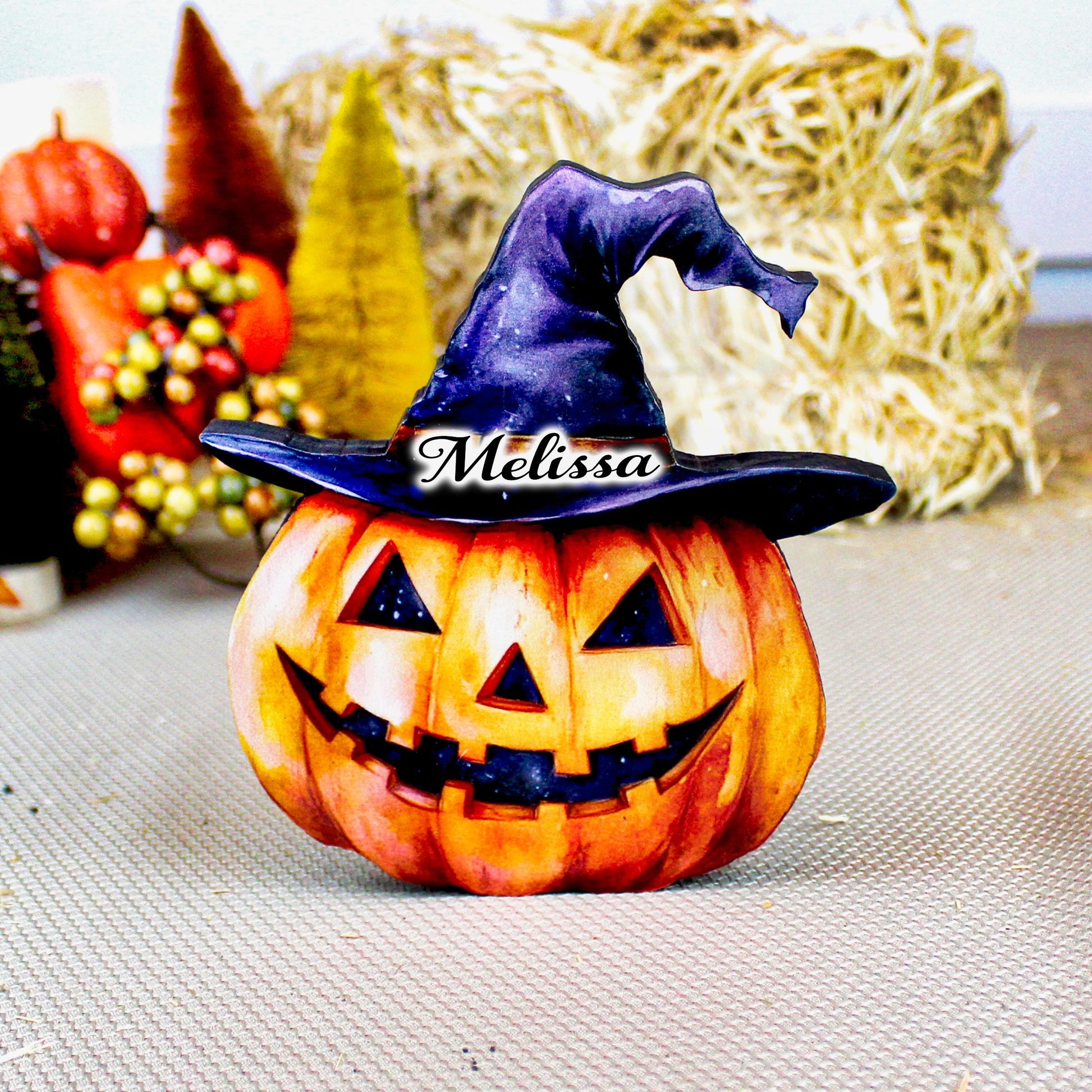 Personalized Halloween Pumpkin Shelf Sitter – Custom Name Jack-o’-Lantern with Witch Hat, Whimsy, Warmth, and Just a Little Witchy Charm