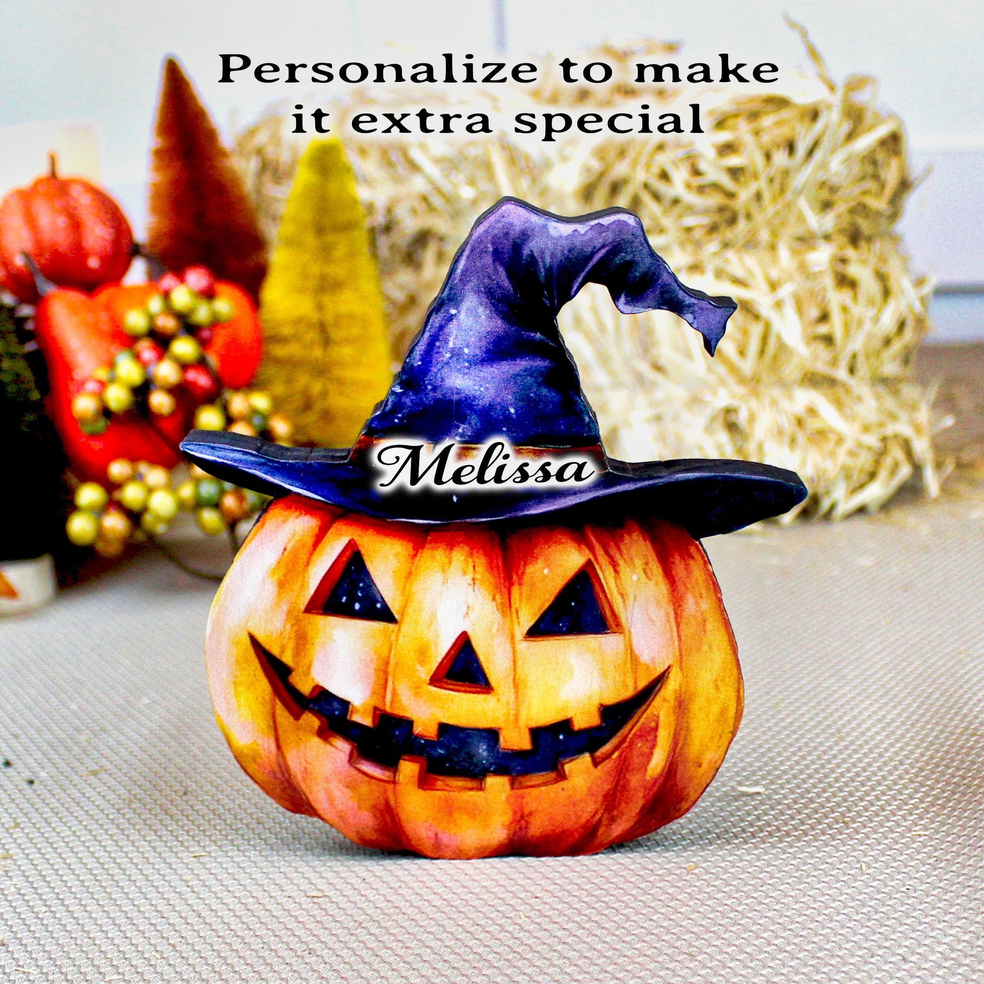 Personalized Halloween Pumpkin Shelf Sitter – Custom Name Jack-o’-Lantern with Witch Hat, Whimsy, Warmth, and Just a Little Witchy Charm