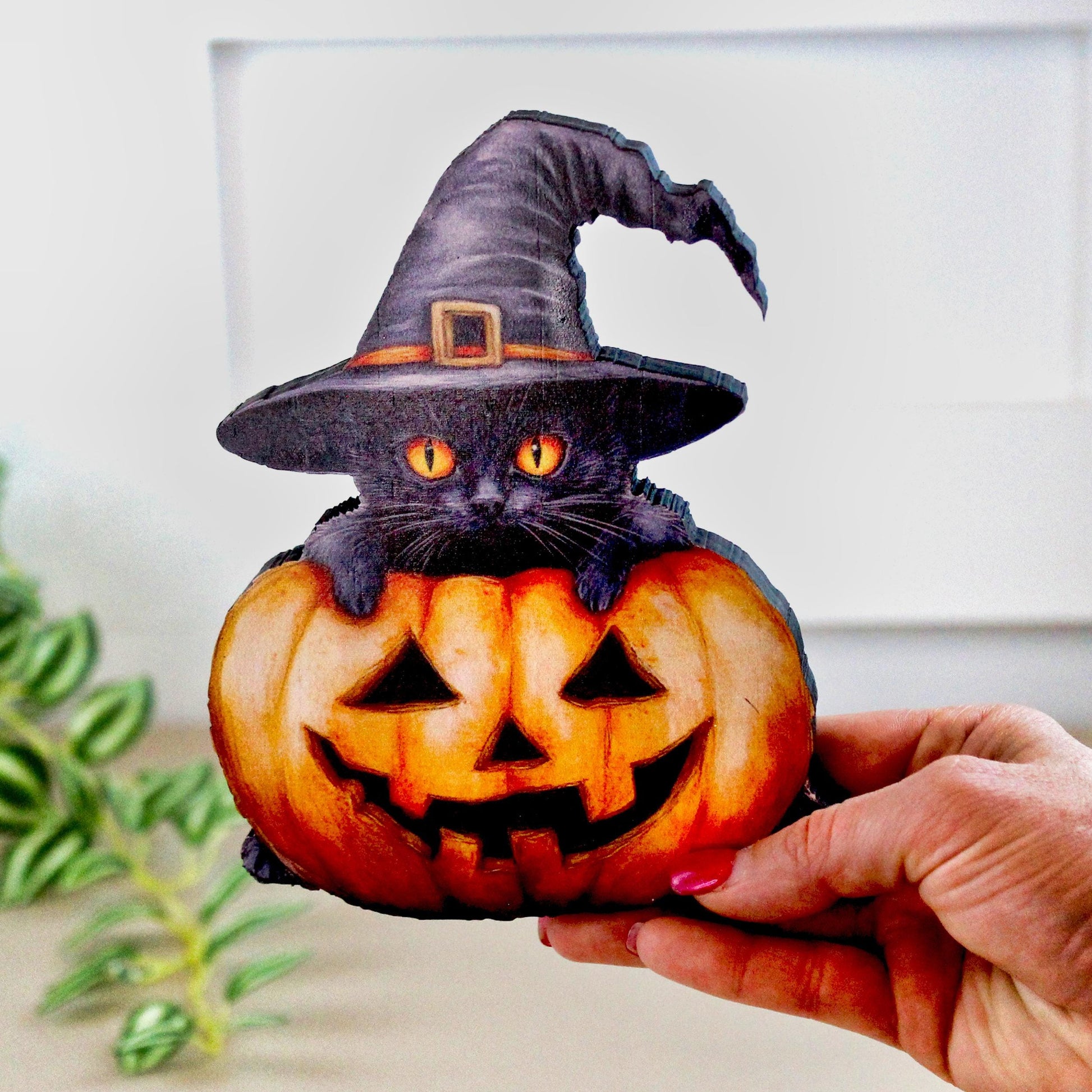 Personalized Halloween Black Cat with Pumpkin Shelf Sitter, Custom Name, Cute-Whimsical Décor Accent for Tiered Trays, Mantels & Shelves