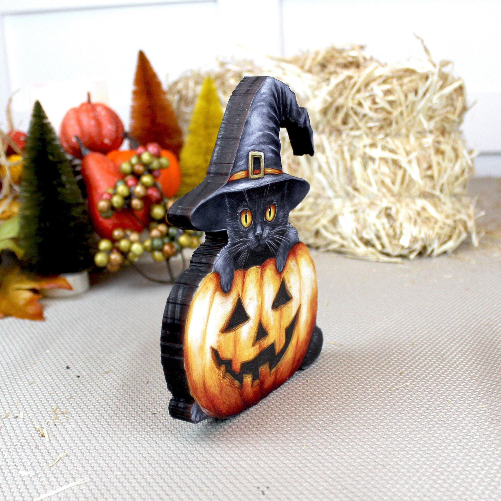 Personalized Halloween Black Cat with Pumpkin Shelf Sitter, Custom Name, Cute-Whimsical Décor Accent for Tiered Trays, Mantels & Shelves