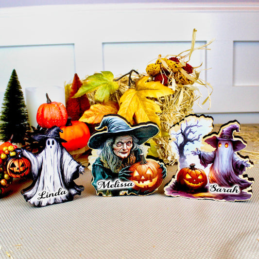Halloween Shelf Sitters, Witch & Ghost Trio with Pumpkins – Personalized Wooden Halloween Decor, Bring The Magic of Halloween Into Your Home