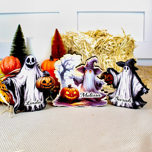Halloween Ghost Shelf Sitters – Set of 3 Spooky-Cute Spirits with Pumpkins – Personalized Haunted House Décor, A Spooky-Cute Storybook