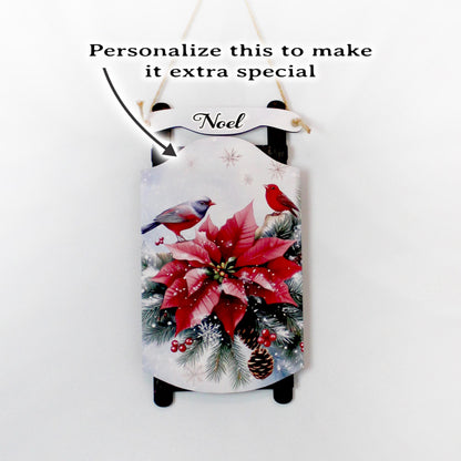 Poinsettia Sled Wall Hanging – Personalized Winter Birds Sign Bursting with Holiday Bloom, Breathe in The Pine-Scented Air On Your Porch
