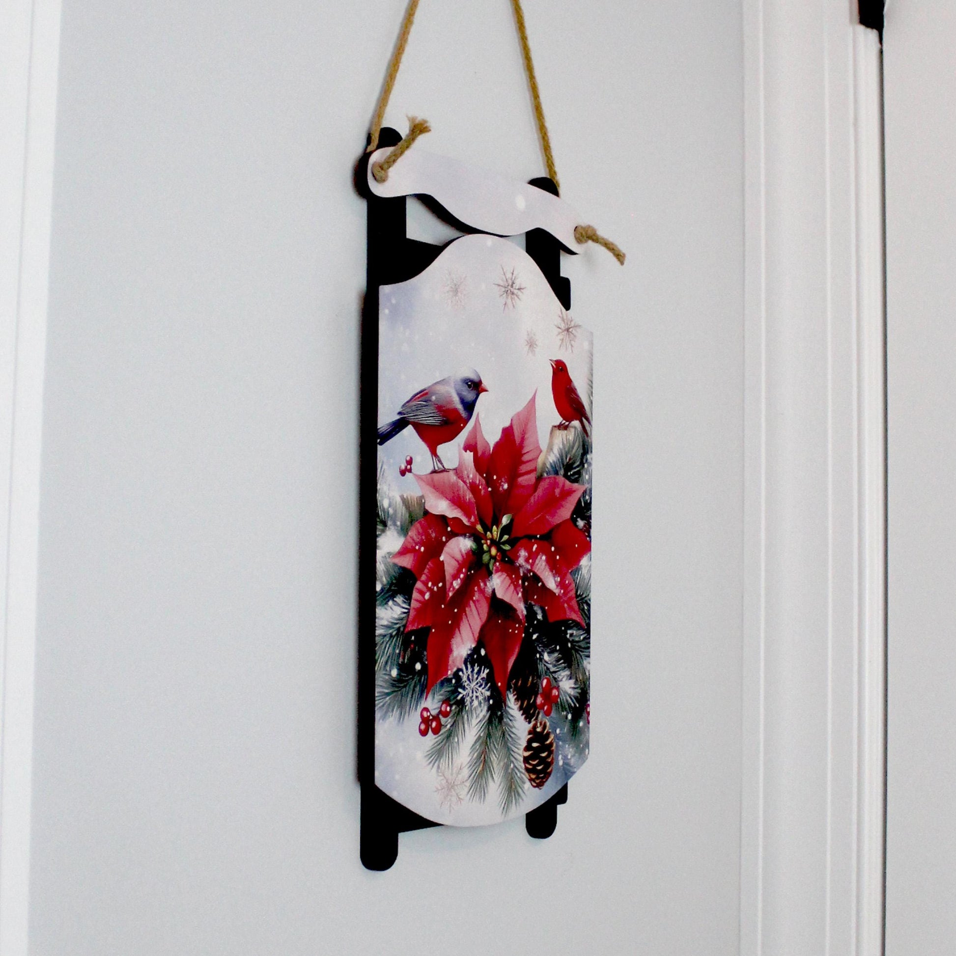 Poinsettia Sled Wall Hanging – Personalized Winter Birds Sign Bursting with Holiday Bloom, Breathe in The Pine-Scented Air On Your Porch
