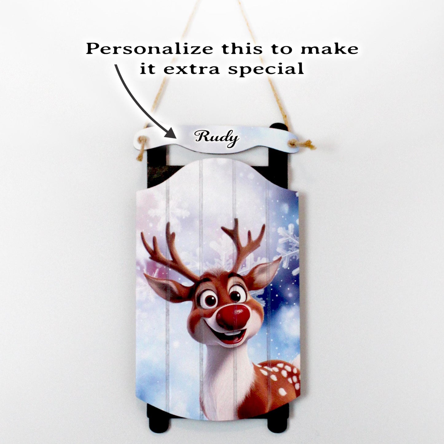 Rudolph Sled Wall Hanging – Personalize Red-Nosed Reindeer Sign for Storybook Holiday Cheer. Little Eyes Will Light Up When They See Rudolph