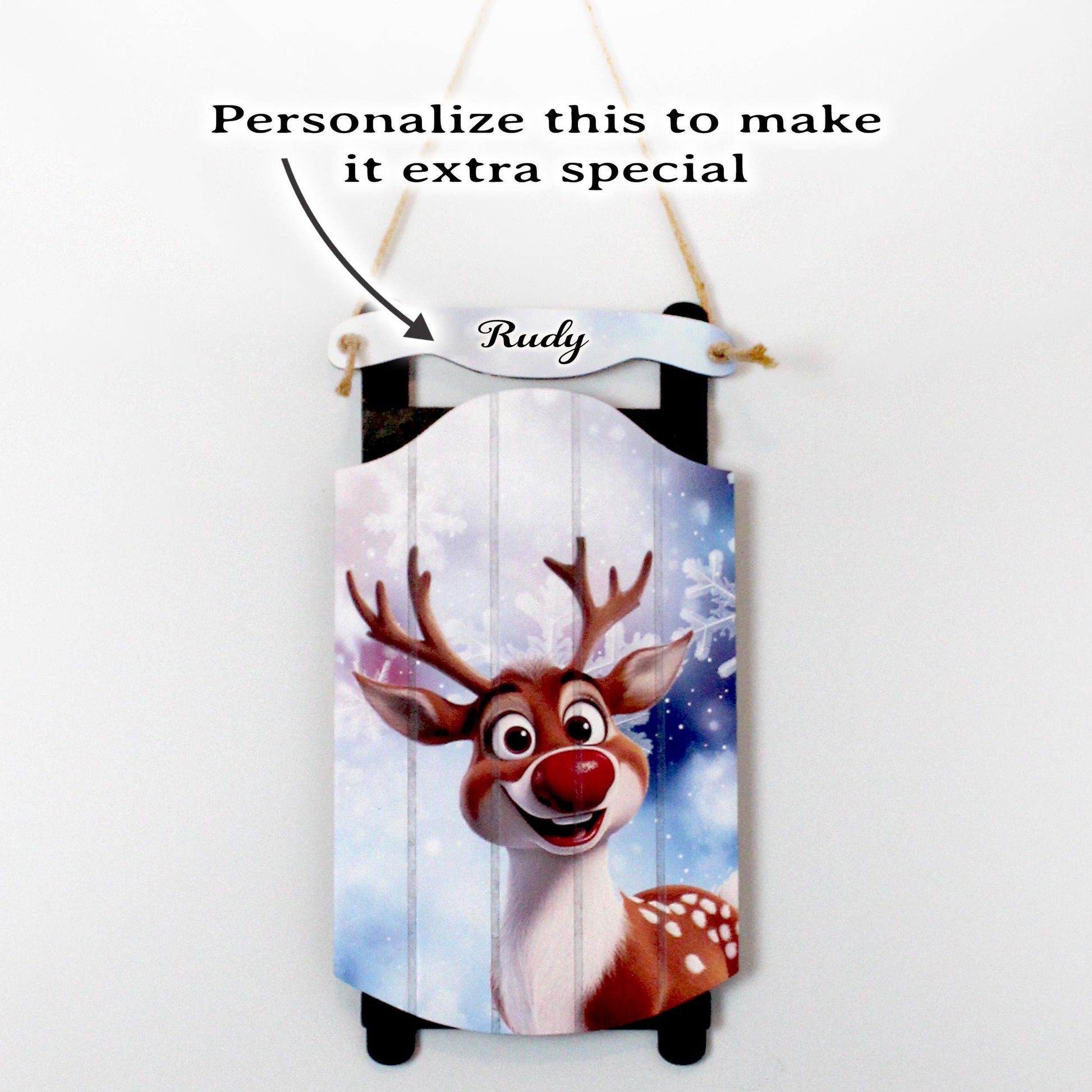 Rudolph Sled Wall Hanging – Personalize Red-Nosed Reindeer Sign for Storybook Holiday Cheer. Little Eyes Will Light Up When They See Rudolph