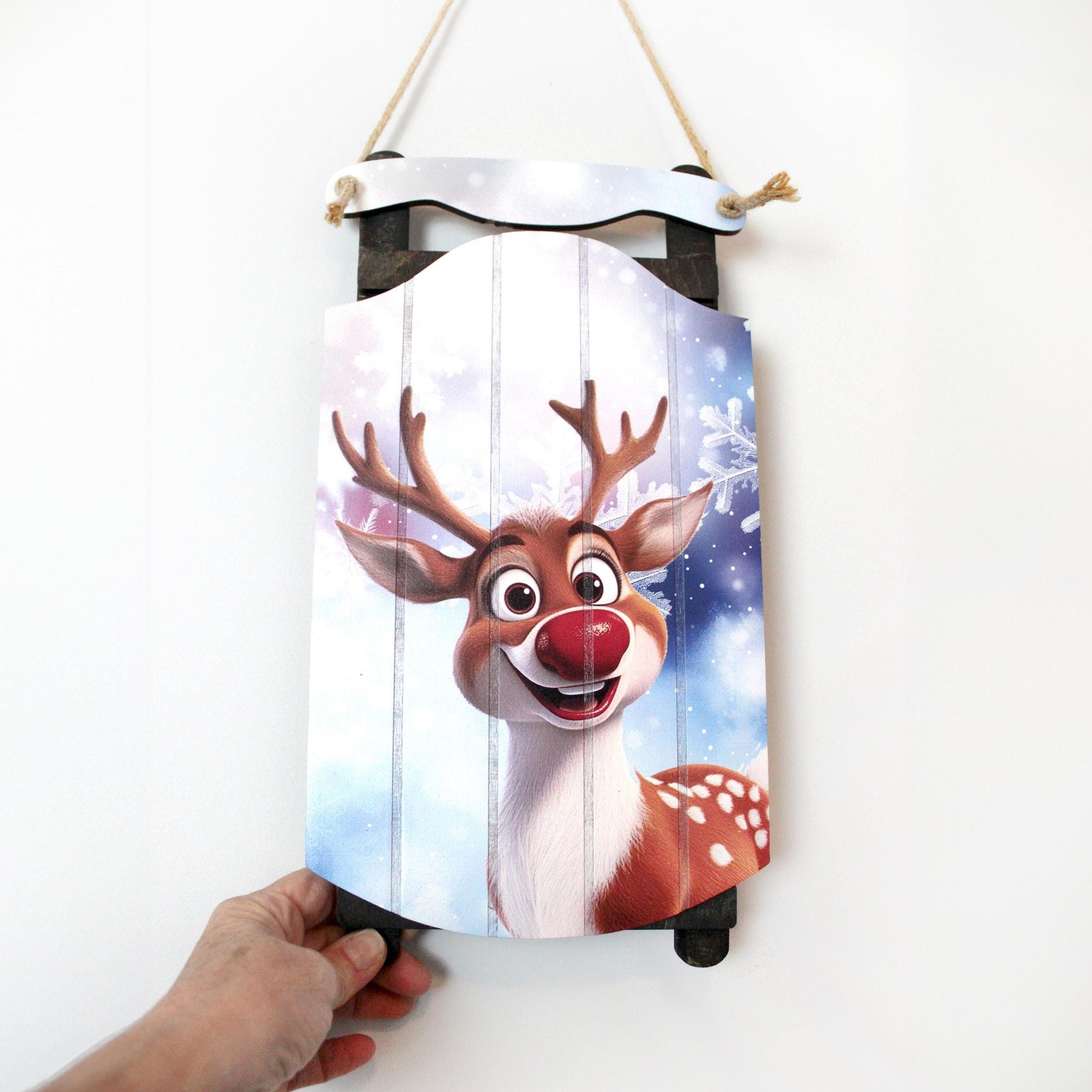 Rudolph Sled Wall Hanging – Personalize Red-Nosed Reindeer Sign for Storybook Holiday Cheer. Little Eyes Will Light Up When They See Rudolph