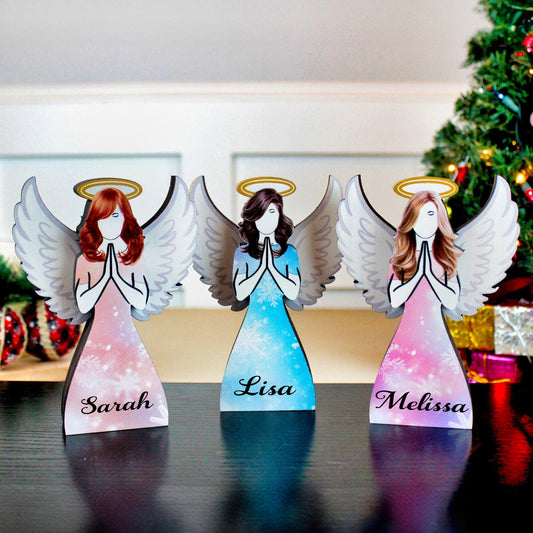 Angel Shelf Sitter Set, 3-Piece Pine Wood Christmas Angels, UV Printed Double-Layer Blonde, Brunette and Redhead Symbolizing Love & Light