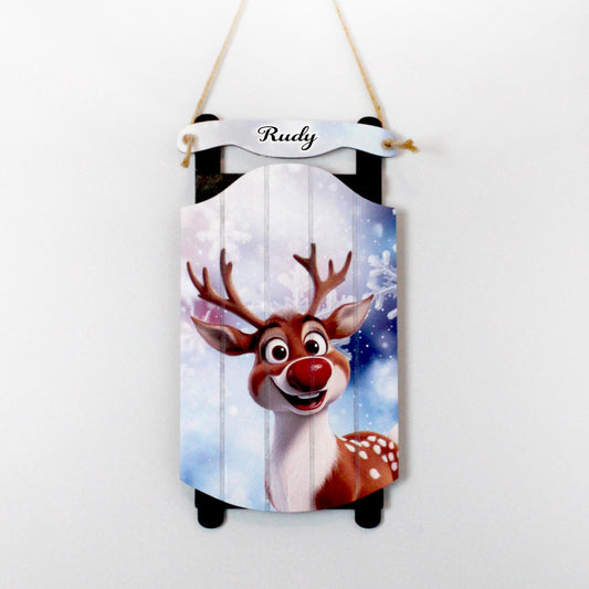 Rudolph Sled Wall Hanging – Personalize Red-Nosed Reindeer Sign for Storybook Holiday Cheer. Little Eyes Will Light Up When They See Rudolph