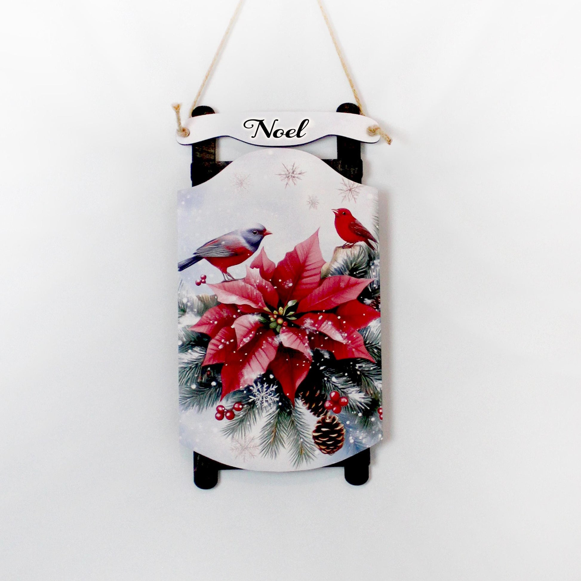 Poinsettia Sled Wall Hanging – Personalized Winter Birds Sign Bursting with Holiday Bloom, Breathe in The Pine-Scented Air On Your Porch
