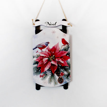 Poinsettia Sled Wall Hanging – Personalized Winter Birds Sign Bursting with Holiday Bloom, Breathe in The Pine-Scented Air On Your Porch
