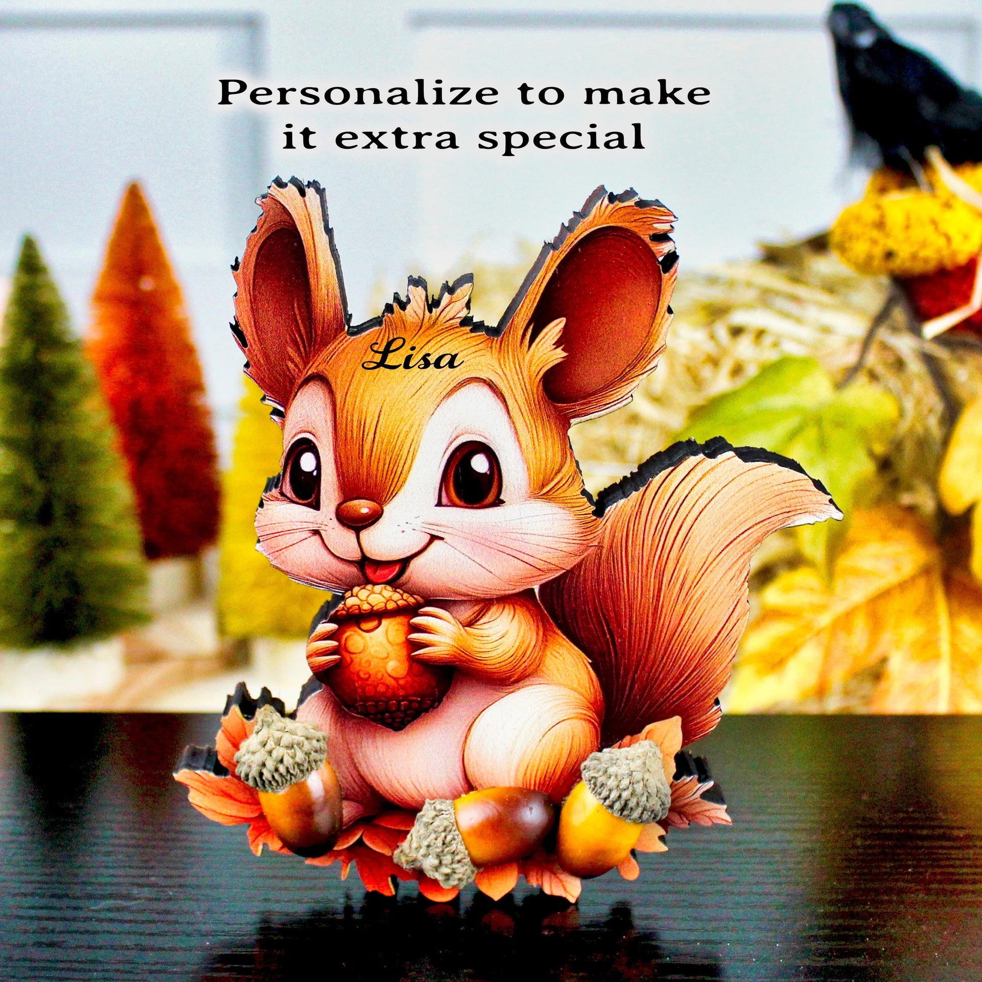 Fall Squirrel Shelf Sitter – “Autumn Joy” Personalized Woodland Critter Gift, Kids Room or Nursery Decor, Made from Solid Poplar Wood
