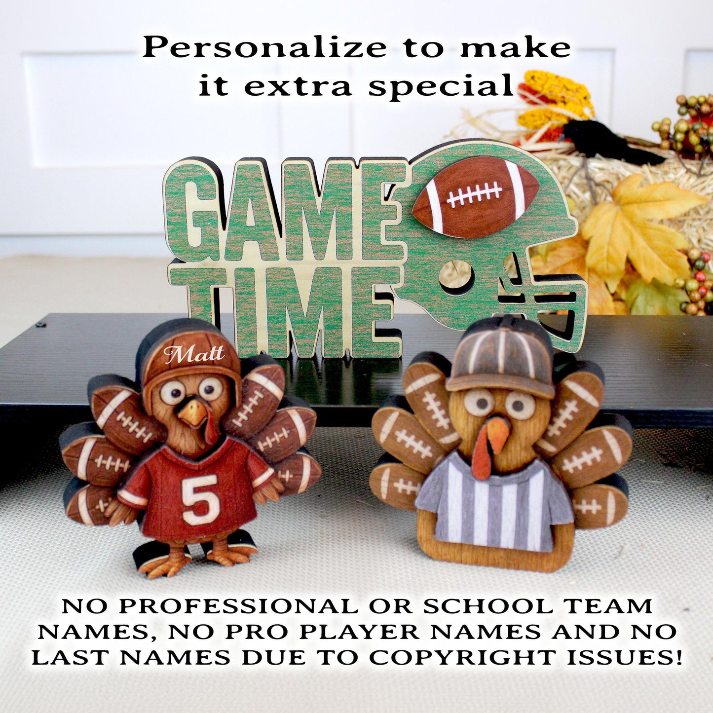 Football Turkey Shelf Sitter Set – “Game Time” Sign, Player & Referee, Personalized Jersey, Multi-Layered , a Touchdown of Team Spirit
