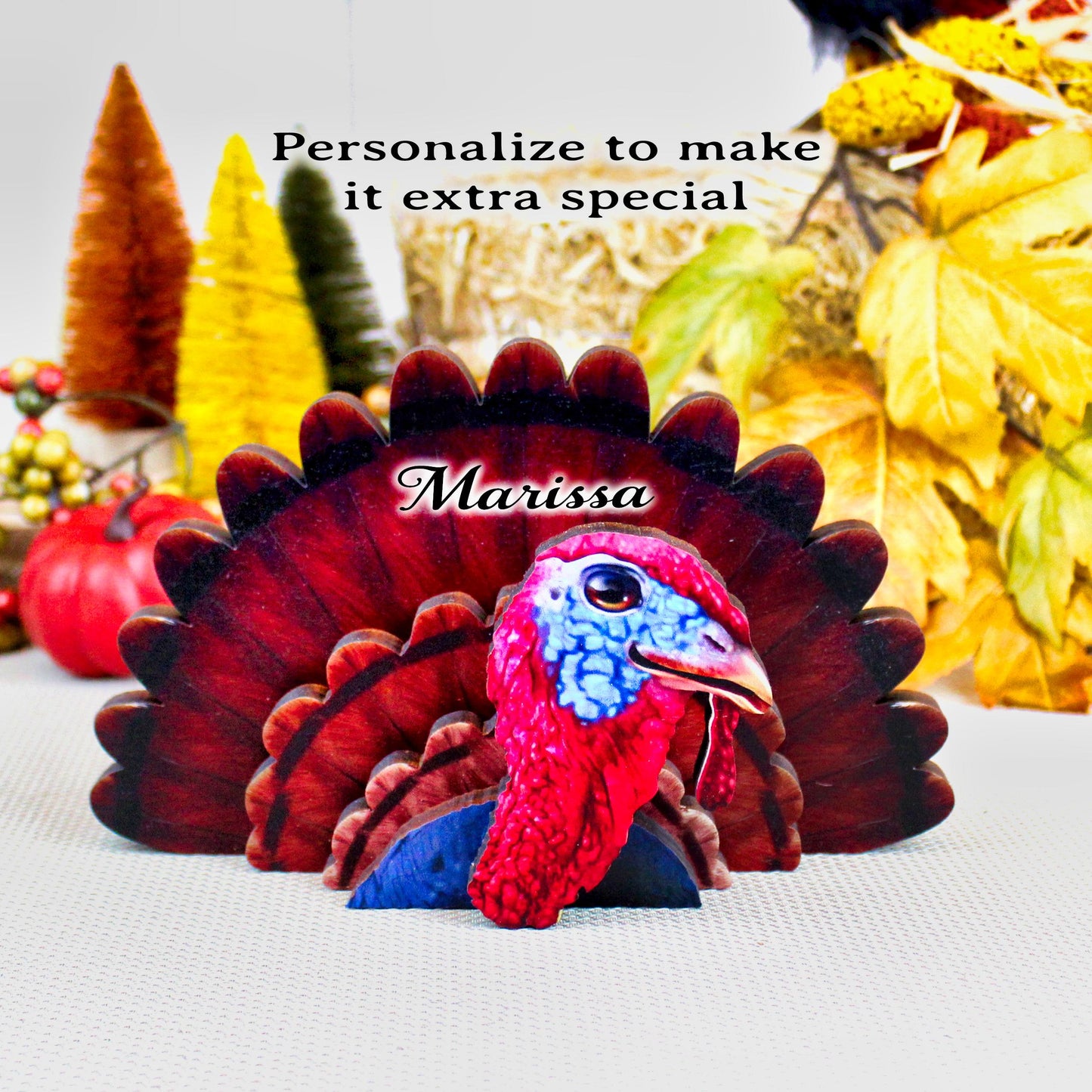 Turkey Shelf Sitter – Personalized Thanksgiving Decor with Name, Rustic Fall Farmhouse Table Accent, Made from Solid Pine Wood