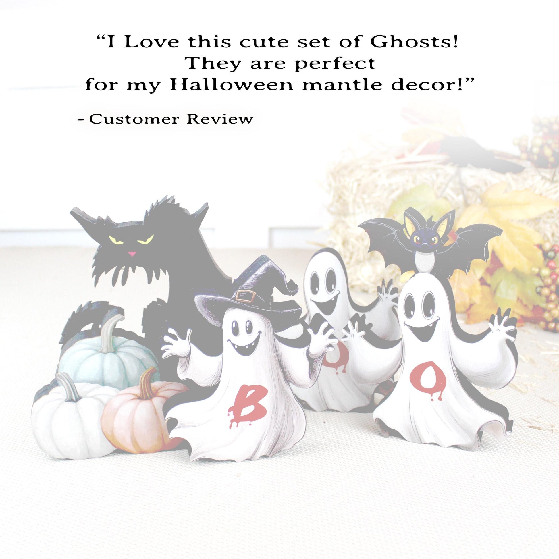 Boo Ghosts Shelf Sitters–Two Styles include 3 Ghosts with Black Cat & Pumpkins, Can Be Personalized, Playfully spooky and perfectly sweet