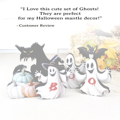 Boo Ghosts Shelf Sitters–Two Styles include 3 Ghosts with Black Cat & Pumpkins, Can Be Personalized, Playfully spooky and perfectly sweet