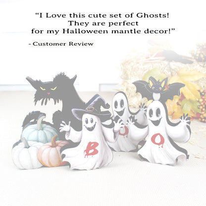 Personalized Boo Ghost Shelf Sitters: Halloween Decor with Cat & Pumpkins