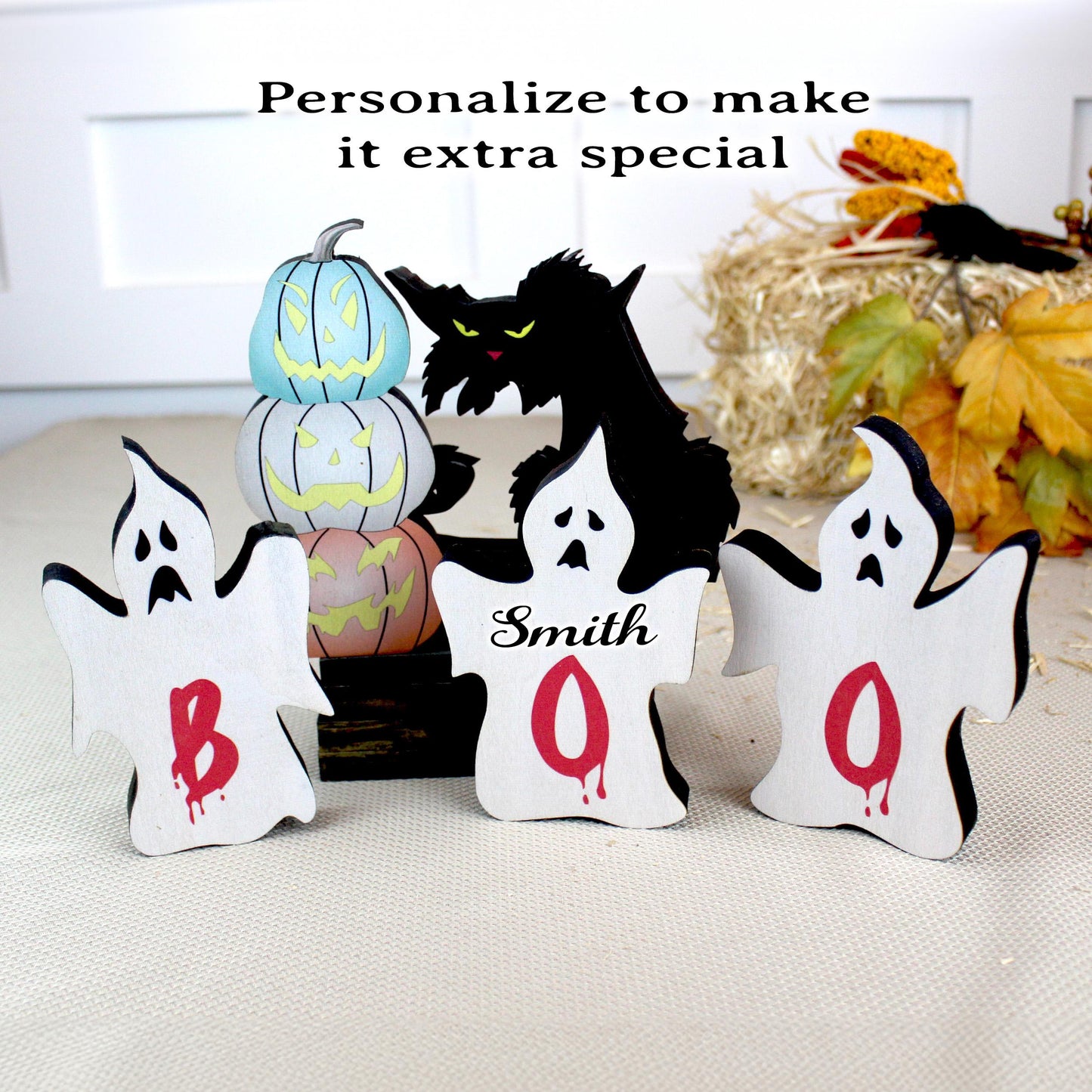 Rustic Halloween Shelf Decor – Handcrafted Wooden Pumpkins, Ghosts & Black Cat – Modern Farmhouse Mantel Display