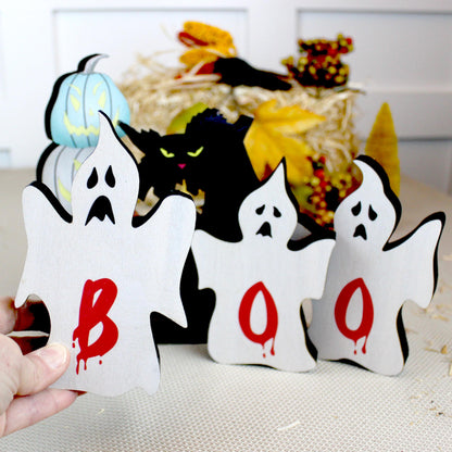 Rustic Halloween Shelf Decor – Handcrafted Wooden Pumpkins, Ghosts & Black Cat – Modern Farmhouse Mantel Display