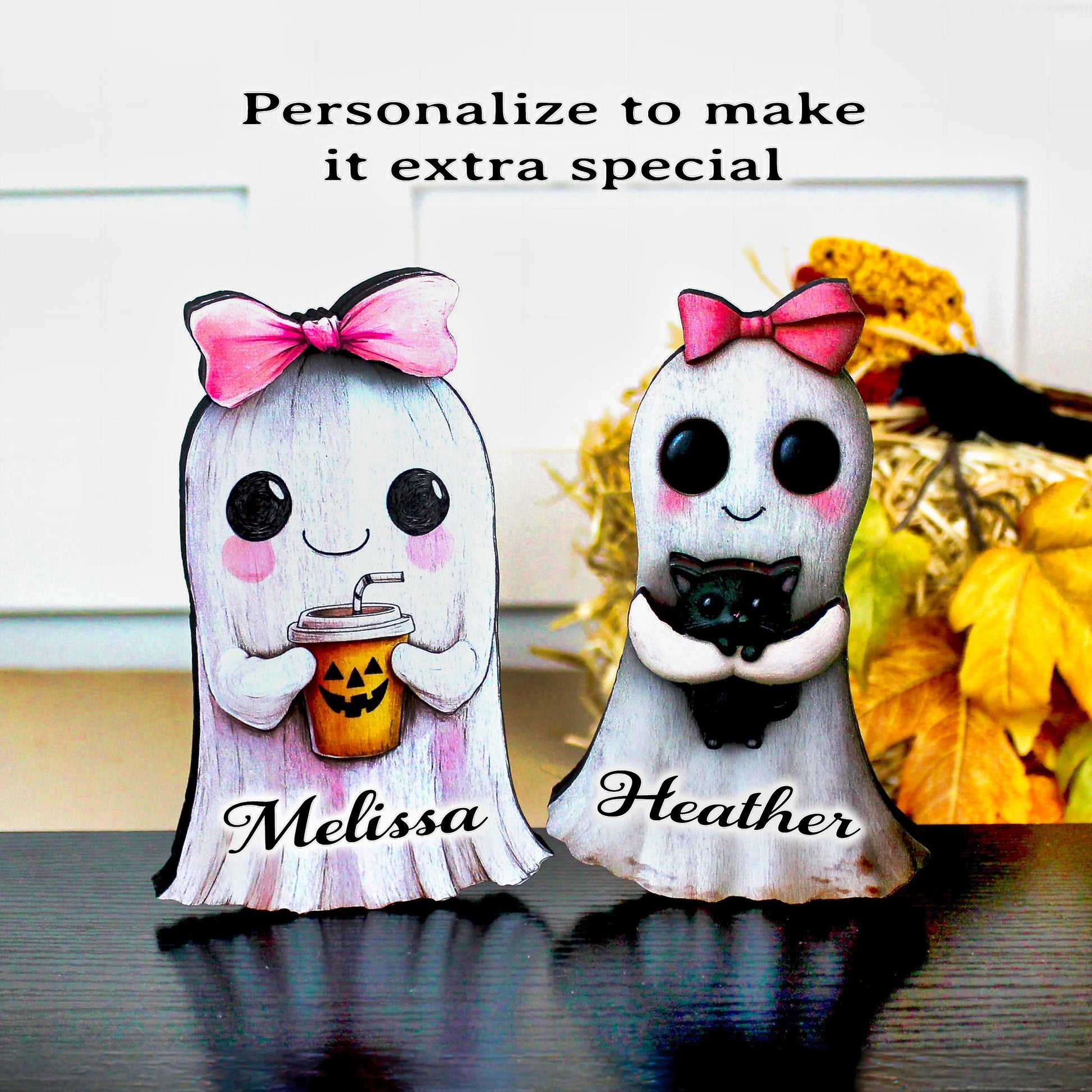 Ghost Shelf Sitters – Personalized Girl Ghosts with Pink Bows, UV-Printed Poplar Wood Halloween Decor, Sweetly Spooky & Irresistibly Cute