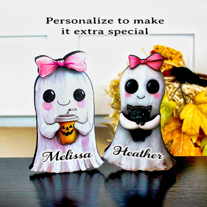 Ghost Shelf Sitters – Personalized Girl Ghosts with Pink Bows, UV-Printed Poplar Wood Halloween Decor, Sweetly Spooky & Irresistibly Cute