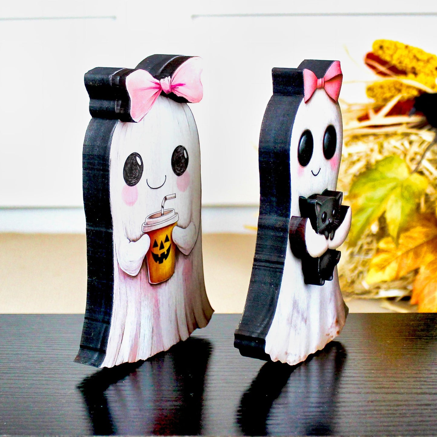 Ghost Shelf Sitters – Personalized Girl Ghosts with Pink Bows, UV-Printed Poplar Wood Halloween Decor, Sweetly Spooky & Irresistibly Cute