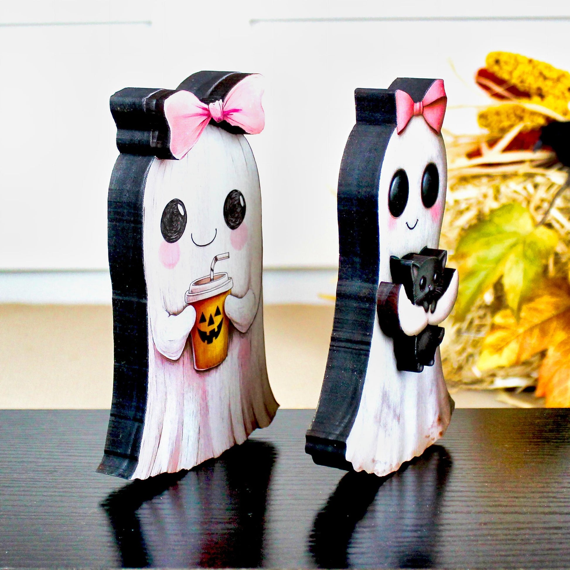 Ghost Shelf Sitters – Personalized Girl Ghosts with Pink Bows, UV-Printed Poplar Wood Halloween Decor, Sweetly Spooky & Irresistibly Cute