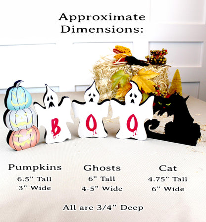 Rustic Halloween Shelf Decor – Handcrafted Wooden Pumpkins, Ghosts & Black Cat – Modern Farmhouse Mantel Display