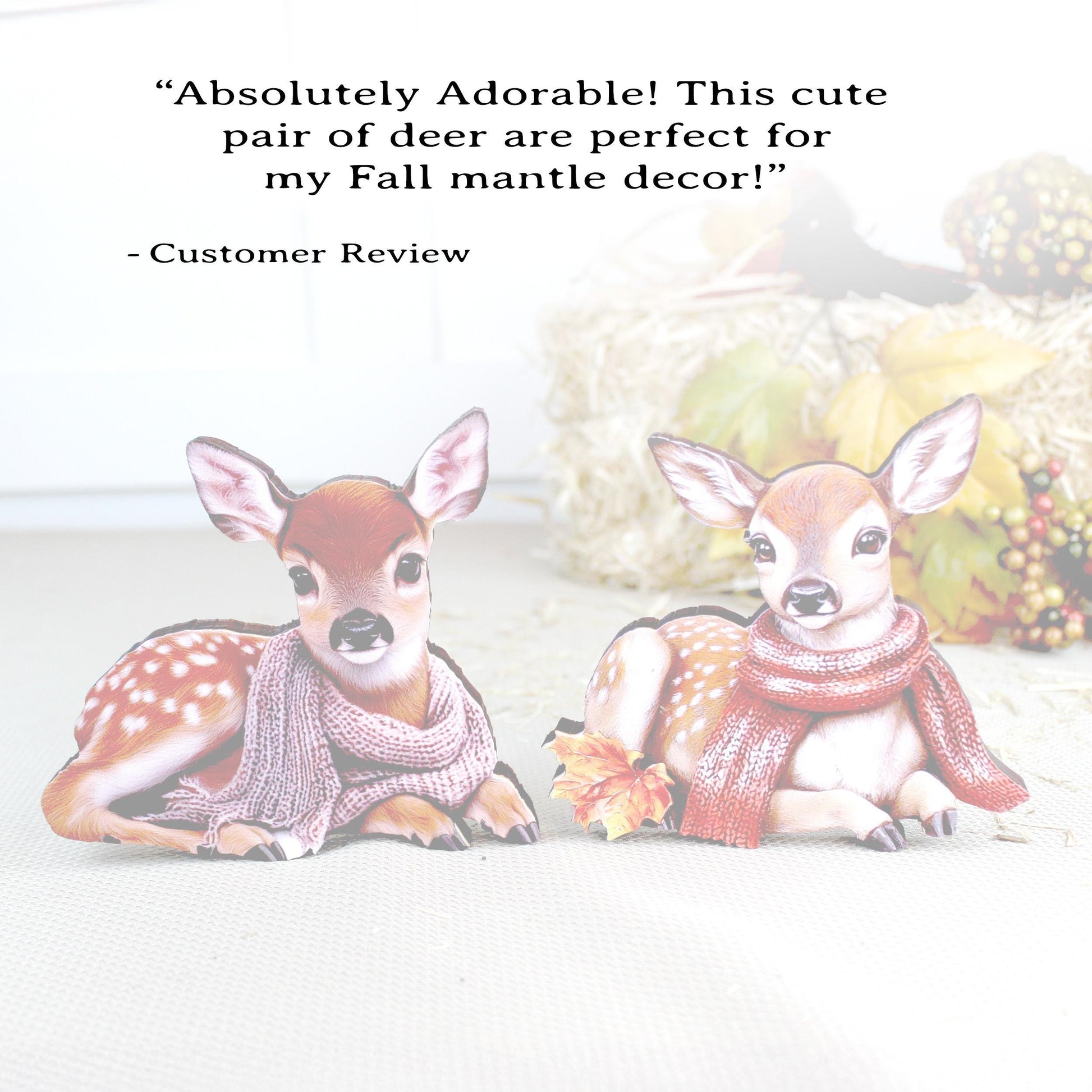 Personalized Baby Deer Shelf Sitters – Custom Unique Pastel Deer with Scarves with Fall Leaves, Whimsy, Warmth, and Charming and Elegant