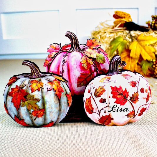 Personalized Fall Pumpkin Shelf Sitters Set of 3 – Custom Unique Pastel Pumpkins with Fall Leaves, A cozy trio that whispers “welcome fall”