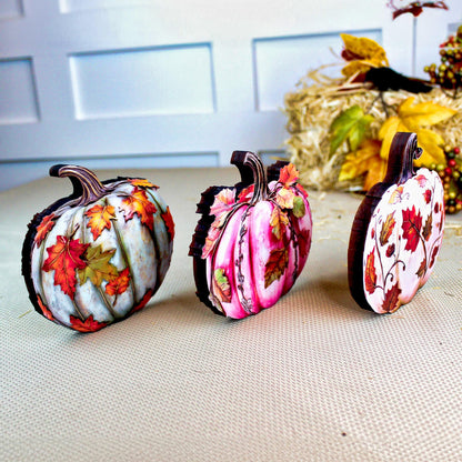 Personalized Fall Pumpkin Shelf Sitters Set of 3 – Custom Unique Pastel Pumpkins with Fall Leaves, A cozy trio that whispers “welcome fall”