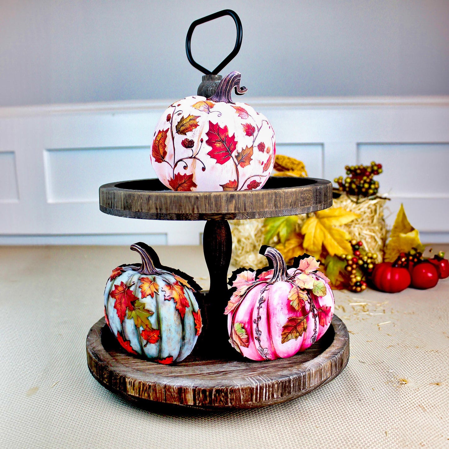 Personalized Fall Pumpkin Shelf Sitters Set of 3 – Custom Unique Pastel Pumpkins with Fall Leaves, A cozy trio that whispers “welcome fall”